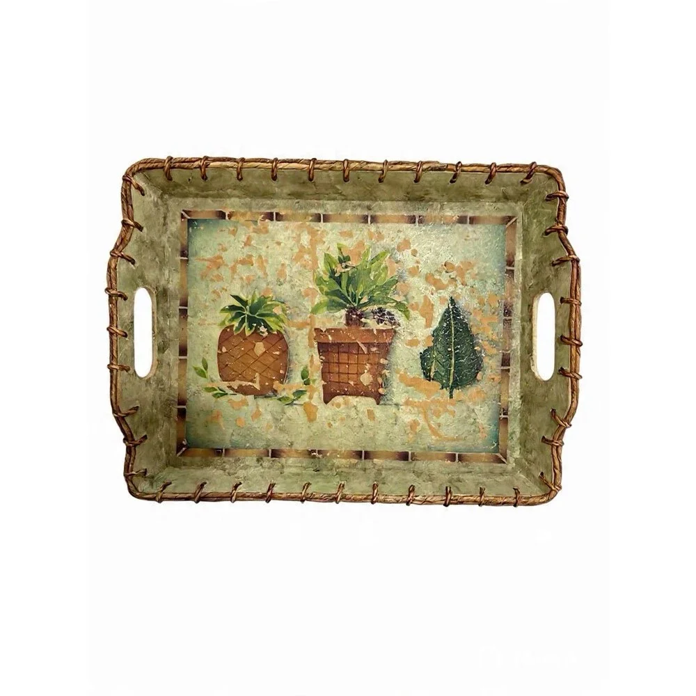 Large Decorative Serving Tray with Handles Rustic Farmhouse Plant Design